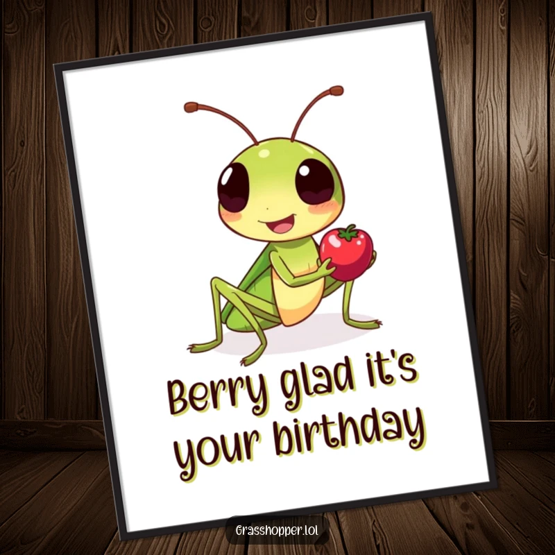 Funny Free Printable Wall Art: Friendly grasshopper smiling and offering a tiny berry. Whimsical and heartwarming decor.