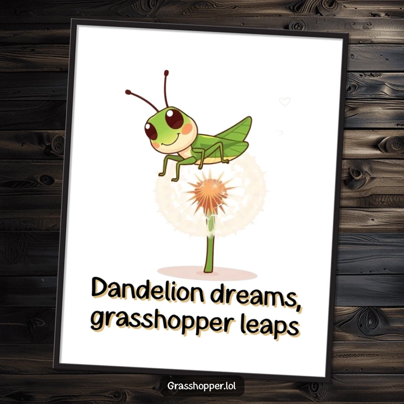 Funny Free Printable Wall Art: Grasshopper energetically bouncing and having fun on a delicate dandelion seed puff.