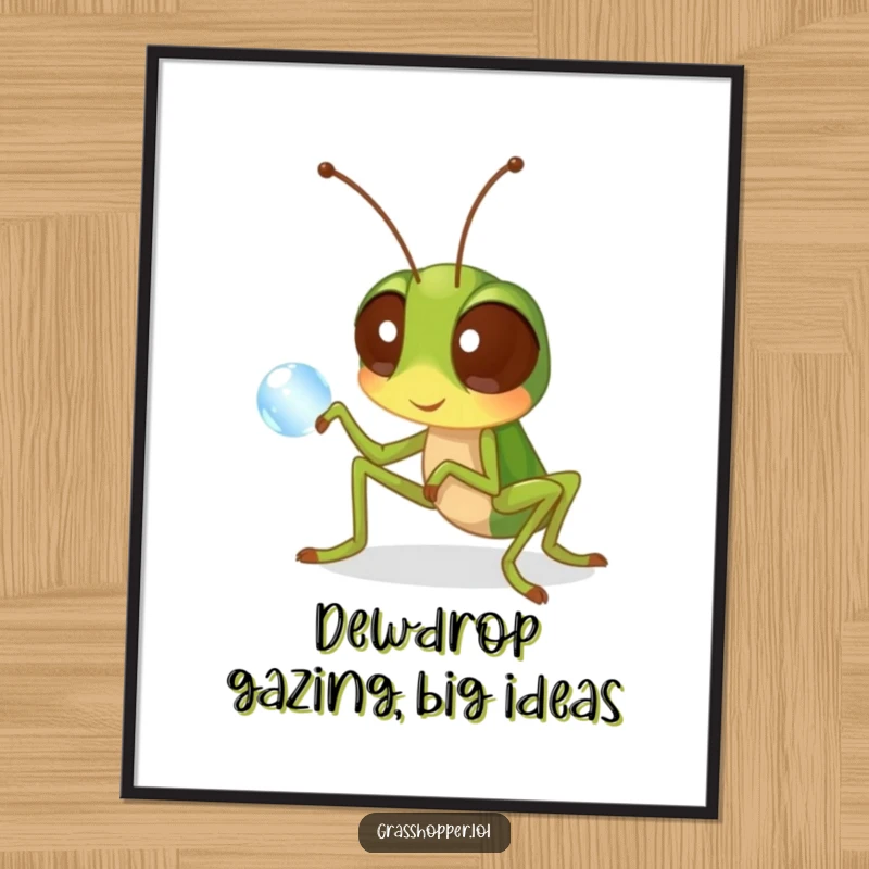 Funny Free Printable Wall Art: Grasshopper with enormous, inquisitive eyes, fascinated by a small, perfect dewdrop.