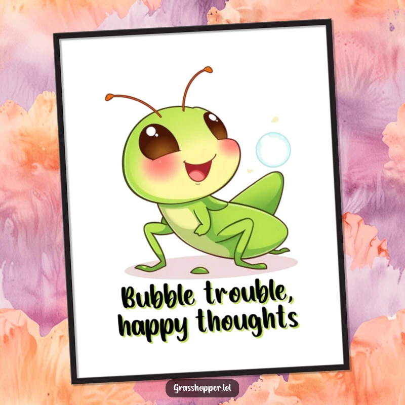 Funny Free Printable Wall Art: A happy grasshopper giggling and blowing tiny, translucent bubbles.