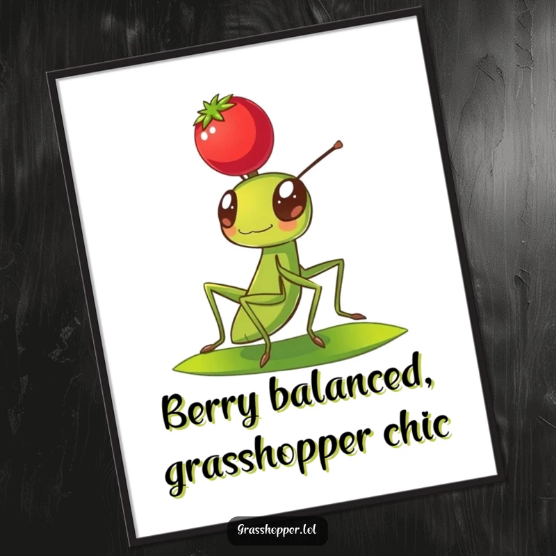 Funny Free Printable Grasshopper Wall Art: Grasshopper perfectly balancing a red berry on its head, bringing downloadable whimsy.