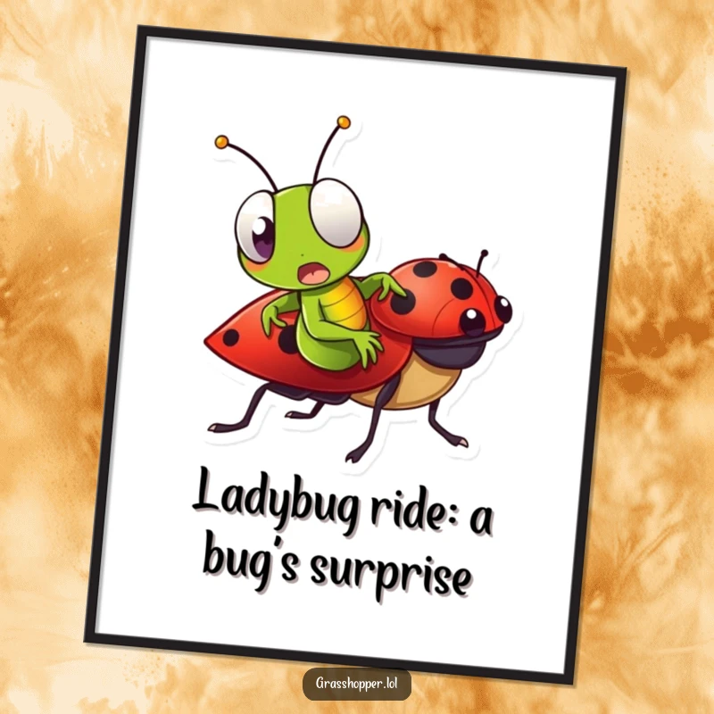 Funny Free Printable Grasshopper Wall Art: Grasshopper with a comically surprised face riding a ladybug, creating downloadable humor.