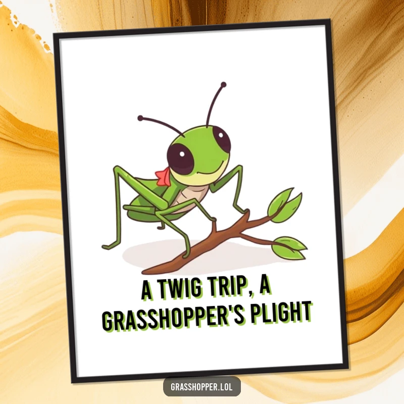 Funny Free Printable Grasshopper Wall Art: Grasshopper comically tripping over a tiny twig, creating downloadable comedic art for your walls.
