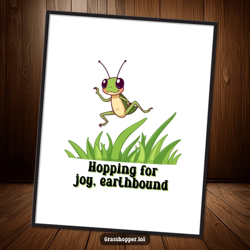 Funny Free Printable Wall Art: Grasshopper dancing energetically on a blade of grass, depicting a lively and cheerful scene of nature's joy.