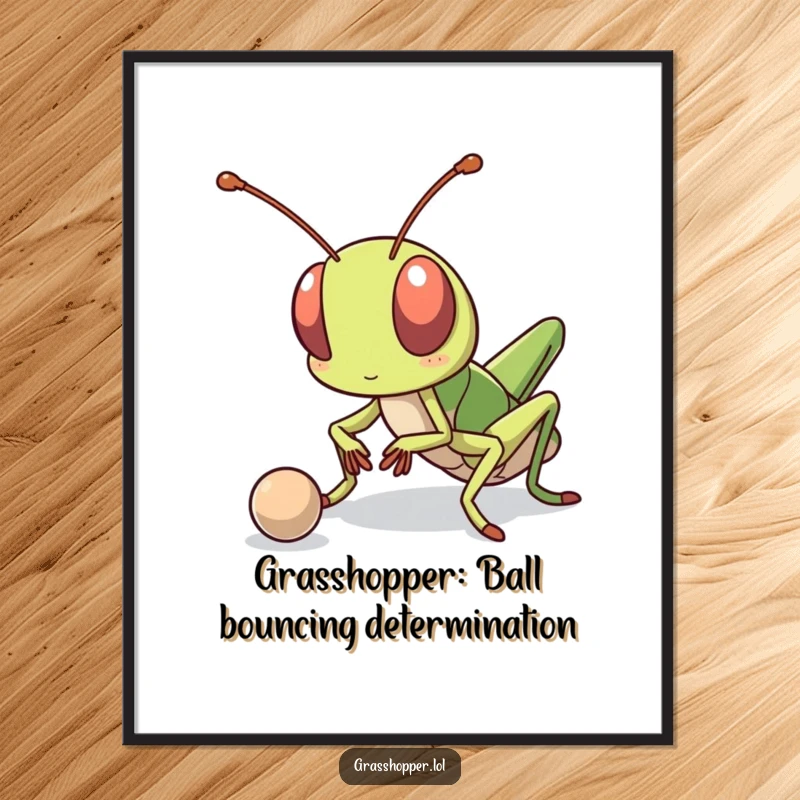 Funny free printable wall art: A kawaii grasshopper with a determined look is captured in action, bouncing a small ball with precision.
