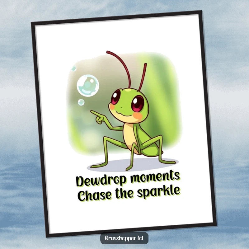 Funny Free Printable Wall Art: A grasshopper points with pure excitement towards a large, sparkling dewdrop, creating a scene of wonder.