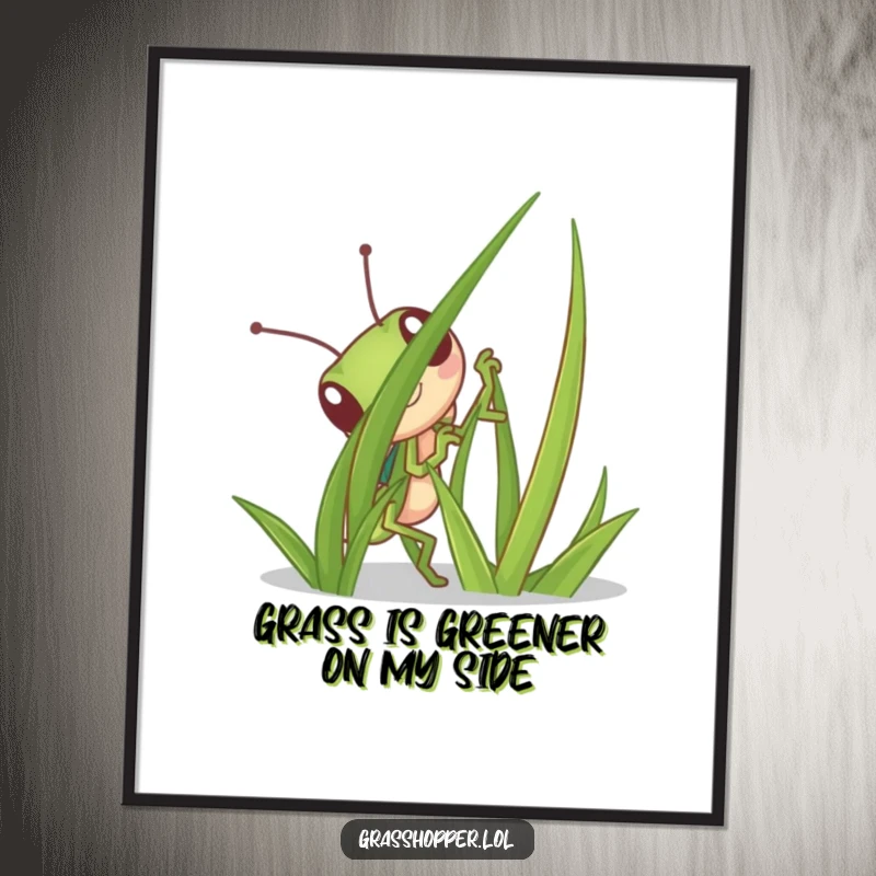 Funny free printable wall art depicting a grasshopper hiding playfully behind a large blade of grass, adding whimsical charm to any room.