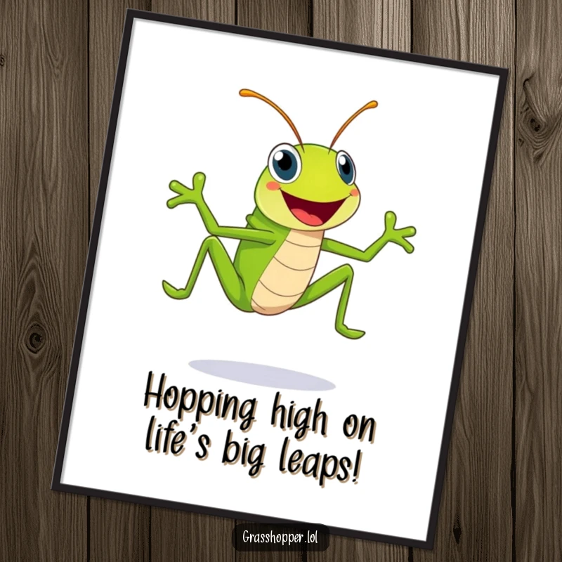 Funny Free Printable Wall Art: A bright green grasshopper with a huge smile, leaping joyfully, bringing a sense of fun.