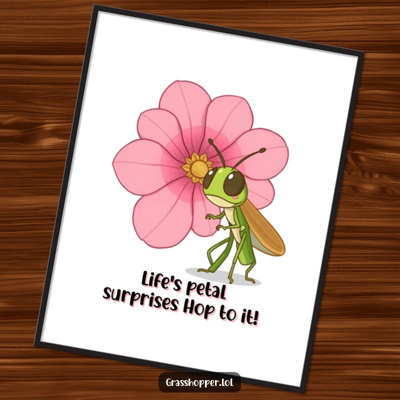 Funny Free Printable Wall Art: A grasshopper is captured mid-leap, looking shocked as a giant flower petal falls towards it, whimsical decor.