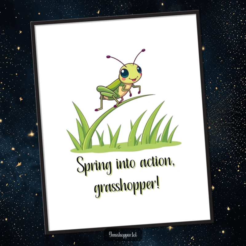 Funny Free Printable Grasshopper Wall Art: A kawaii grasshopper bounces energetically on a springy blade of grass, full of excitement.