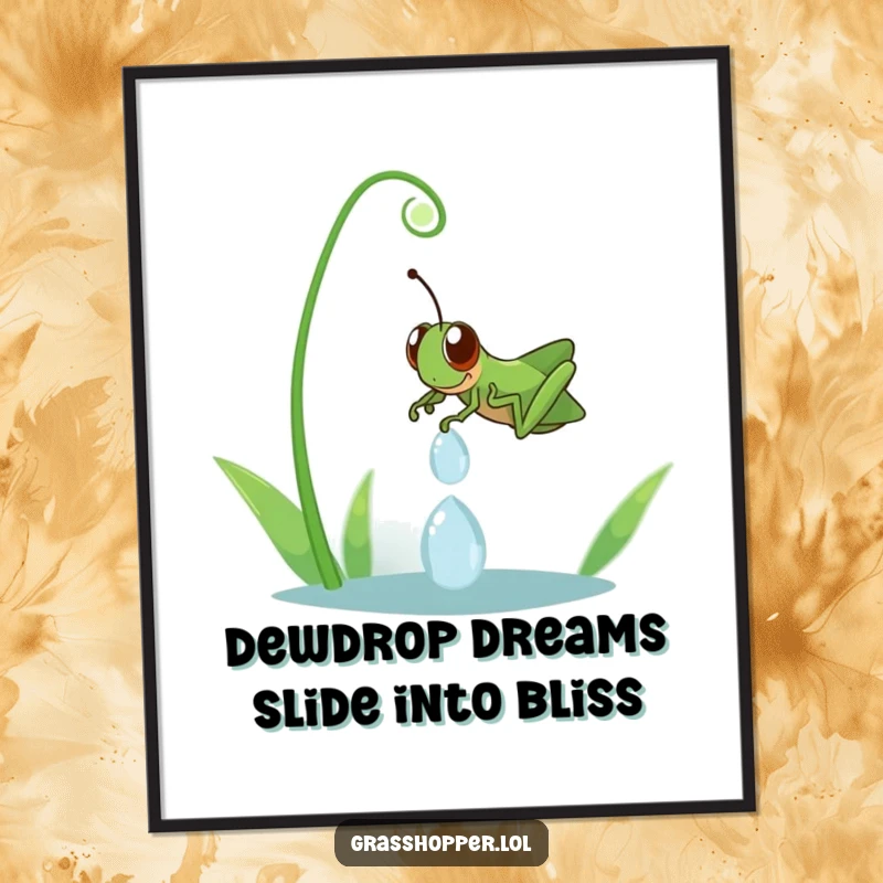 Funny free printable wall art: a grasshopper with a huge grin, sliding gleefully down a large dewdrop, bringing joy.