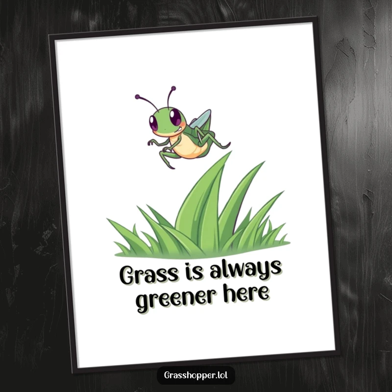 Funny Free Printable Wall Art: A happy grasshopper captured mid-leap high above a green blade of grass, full of life.