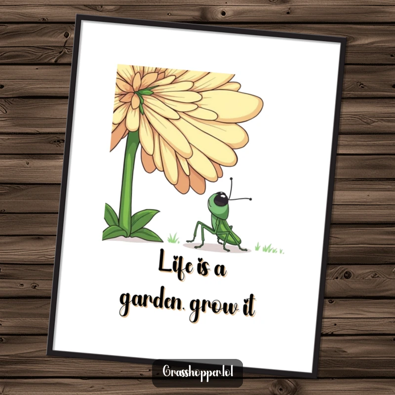 Funny Free Printable Wall Art: A small grasshopper looking up in pure wonder at a towering, vibrant flower, creating a magical scene.