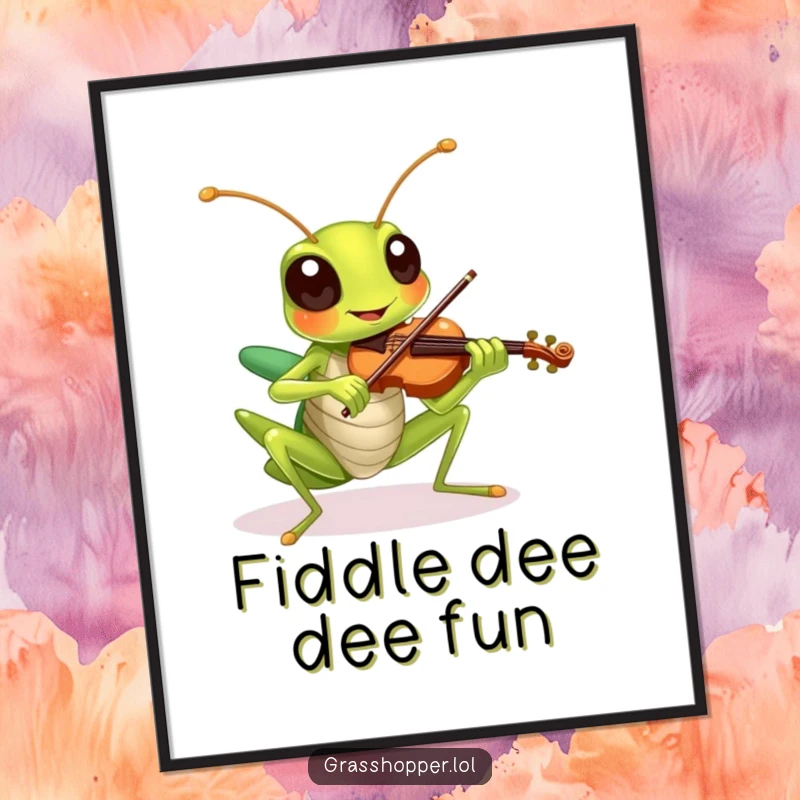 Funny Free Printable Wall Art: A grasshopper plays a tiny violin with an ecstatic, cheerful expression, bringing music to life.