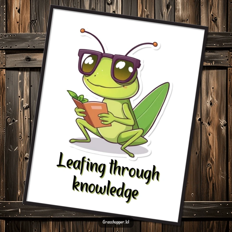 Funny Free Printable Wall Art: A grasshopper wearing tiny spectacles intently reads a small leaf, looking very studious.