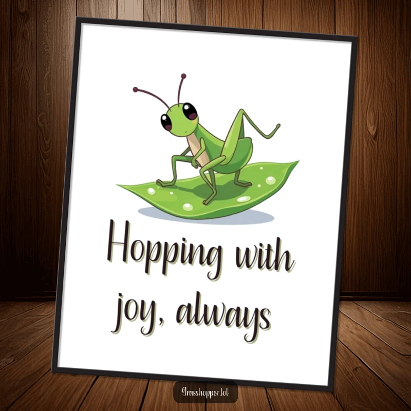 Funny Free Printable Wall Art of a grasshopper enthusiastically doing a cartwheel on a glistening, dewy leaf, full of energy.