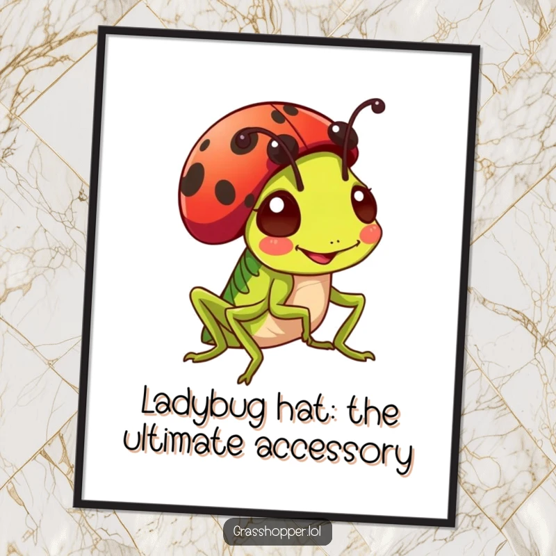 Funny Free Printable Grasshopper Wall Art: A cheerful grasshopper proudly wears a ladybug as a cute and colorful hat.