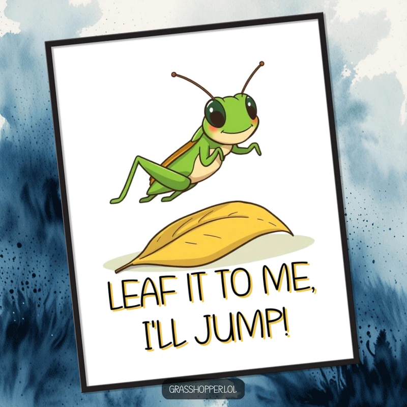 Funny Free Printable Grasshopper Wall Art: A grasshopper is captured mid-leap, joyfully jumping over a fallen leaf.