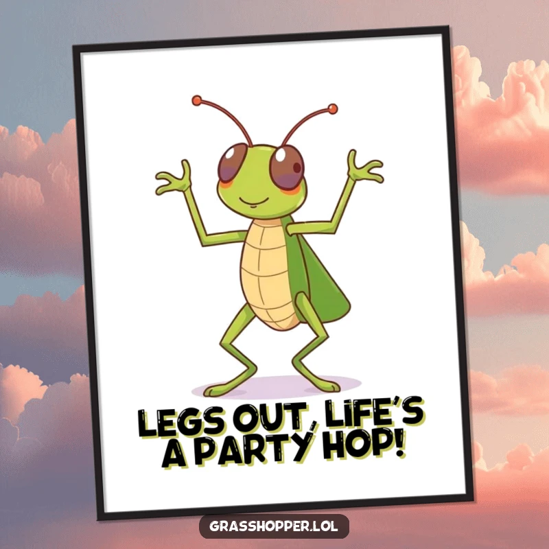 Funny Free Printable Wall Art: A grasshopper is captured mid-celebration, dancing wildly with all its legs, bringing vibrant energy.
