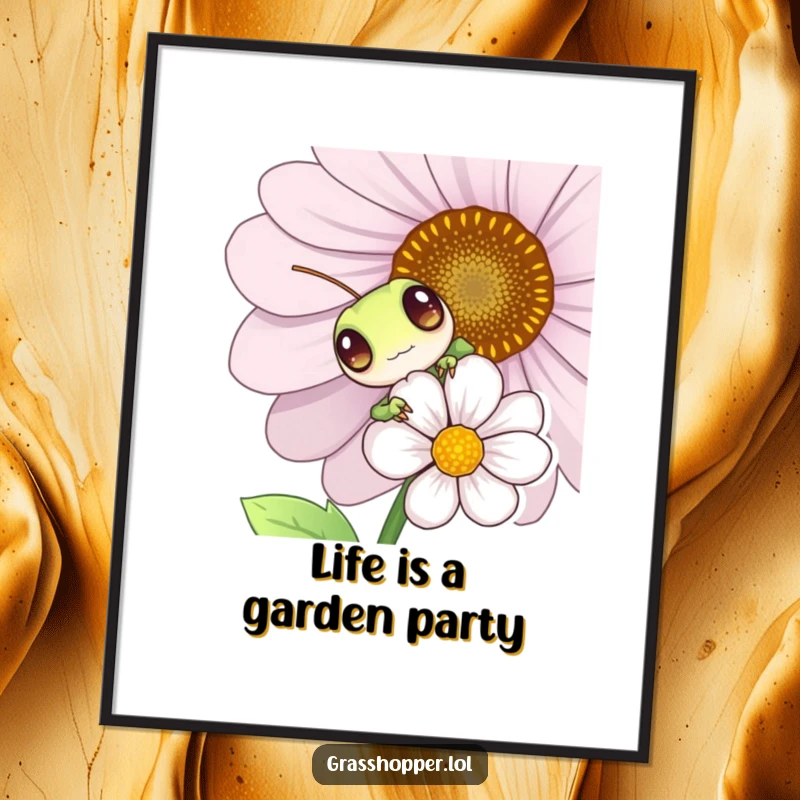 Funny Free Printable Wall Art featuring a grasshopper peeking from behind a flower with mischievous, playful eyes, adding charm to any decor.