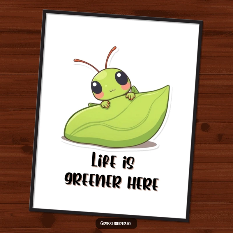 Funny Free Printable Kawaii Grasshopper Wall Art, peeking from a large leaf, adding a delightful, humorous touch.