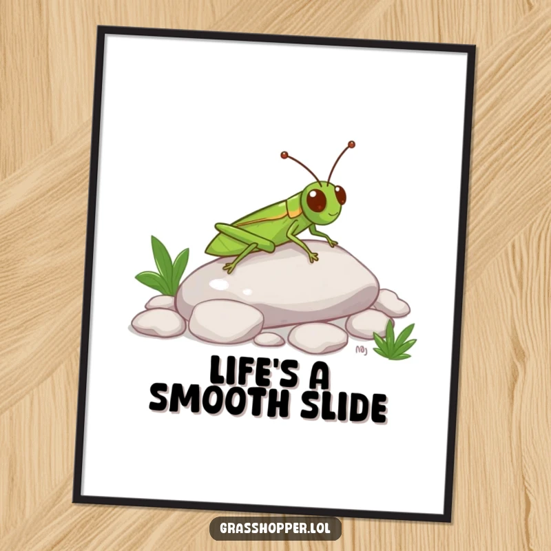 Funny Free Printable Wall Art: A grasshopper joyfully slides down a smooth, polished pebble on a simple background.