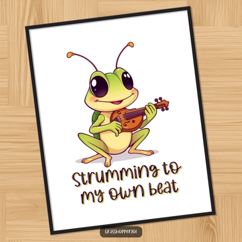 Funny Free Printable Wall Art: A grasshopper with a cheerful grin plays a tiny violin, bringing musical joy to the decor.