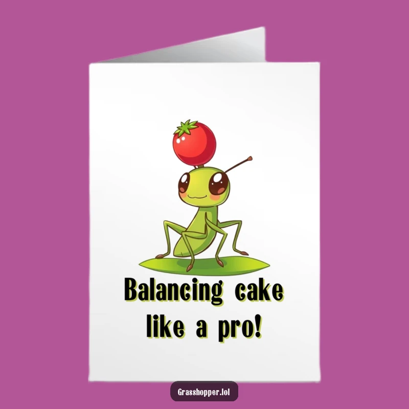 Free Printable Grasshopper Birthday Card: Funny Berry Balance Design, Downloadable Cheer