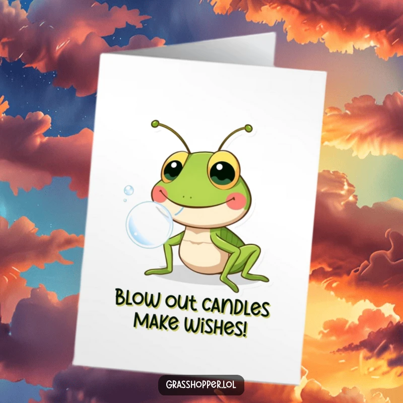 Funny free printable birthday card: a grasshopper beaming with a wide smile while blowing a large, iridescent bubble, festive.