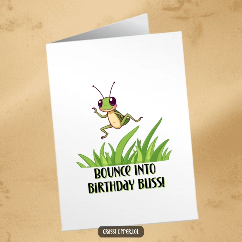 Funny Free Printable Birthday Card: Grasshopper dancing energetically on a blade of grass, celebrating a birthday with spirited, joyful moves.