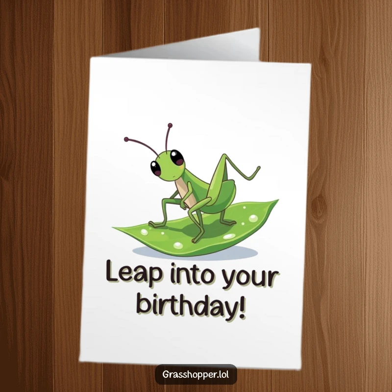 Funny Free Printable Birthday Card featuring an athletic grasshopper doing a cartwheel with enthusiasm on a dewy green leaf.