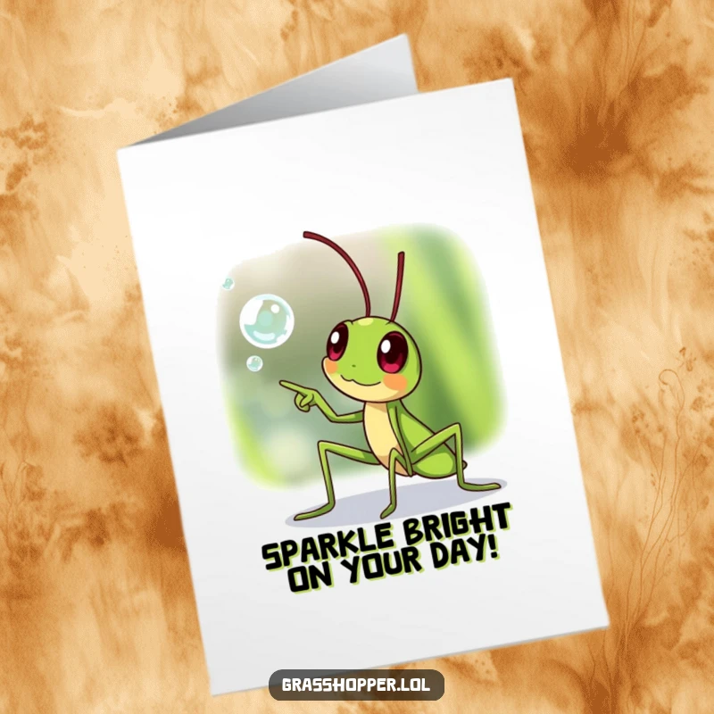 Funny Free Printable Birthday Card: A grasshopper points excitedly at a shimmering dewdrop, full of birthday wonder and joy.
