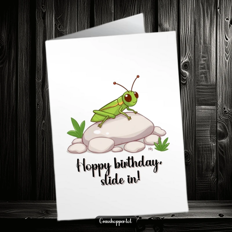 Funny Free Printable Birthday Card: A grasshopper gleefully slides down a smooth, polished pebble.