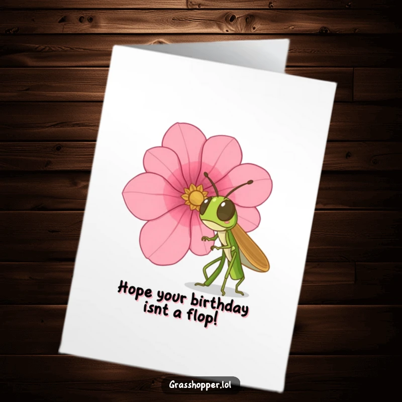 Funny Free Printable Birthday Card: A grasshopper looks utterly shocked as a giant flower petal falls directly towards it, ready for birthday wishes.