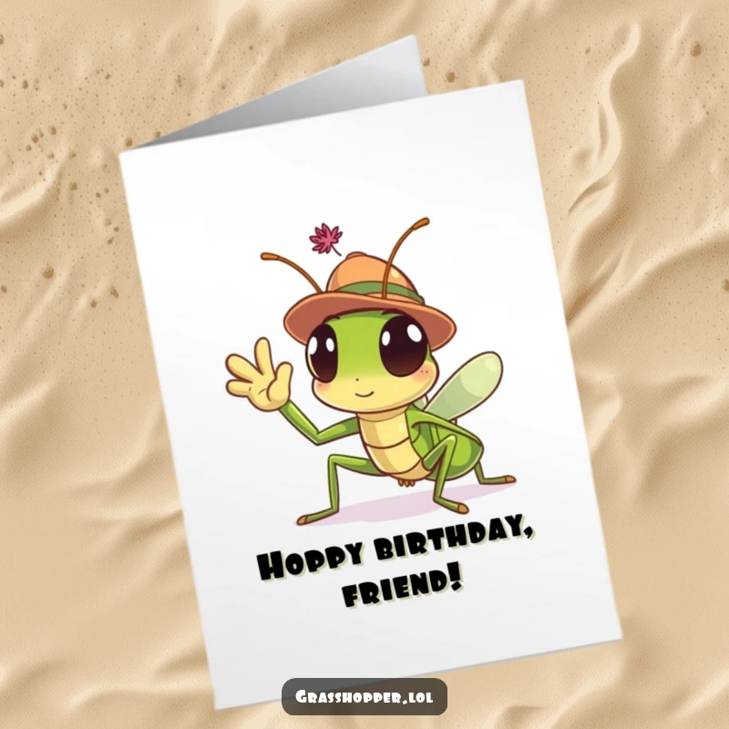 Funny Free Printable Birthday Card: A dapper grasshopper wearing a small hat cheerfully waves its leg in greeting.