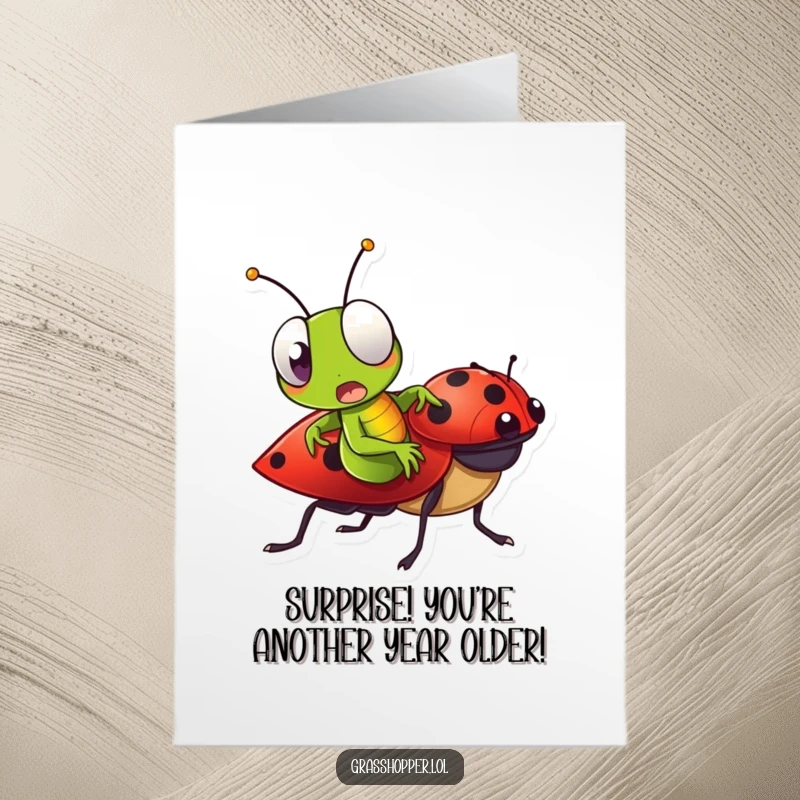 Funny Free Printable Grasshopper Birthday Card: Grasshopper with a surprised face riding a ladybug, making a humorous birthday wish.