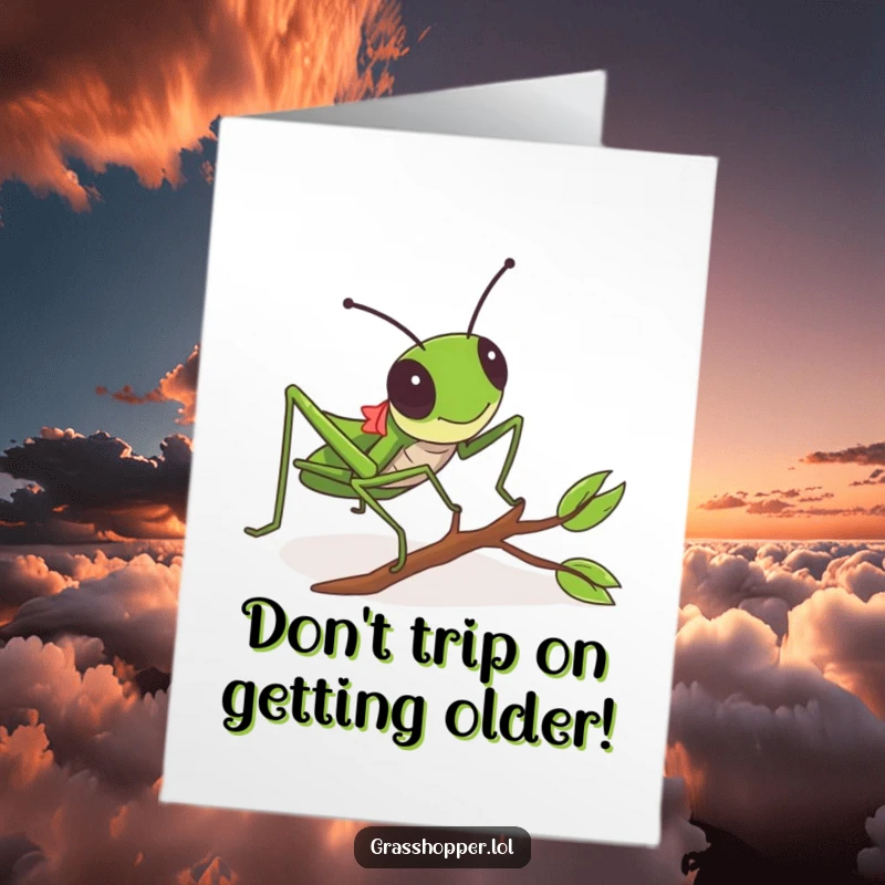Funny Free Printable Grasshopper Birthday Card: Grasshopper comically tripping over a small twig, causing a humorous birthday surprise.