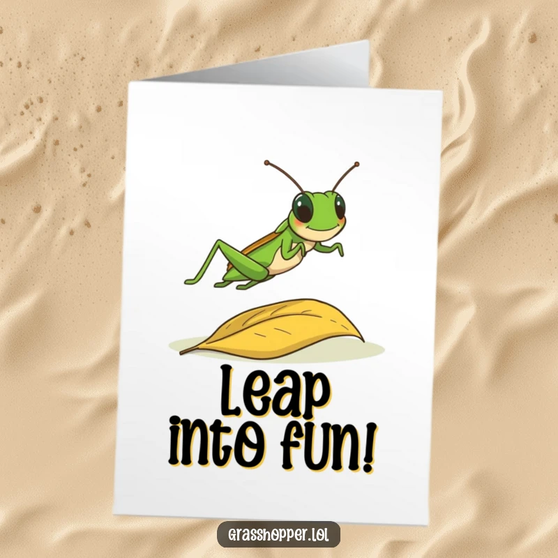 Funny Free Printable Grasshopper Birthday Card: A grasshopper joyfully leaps high in the air over a large, fallen autumn leaf.