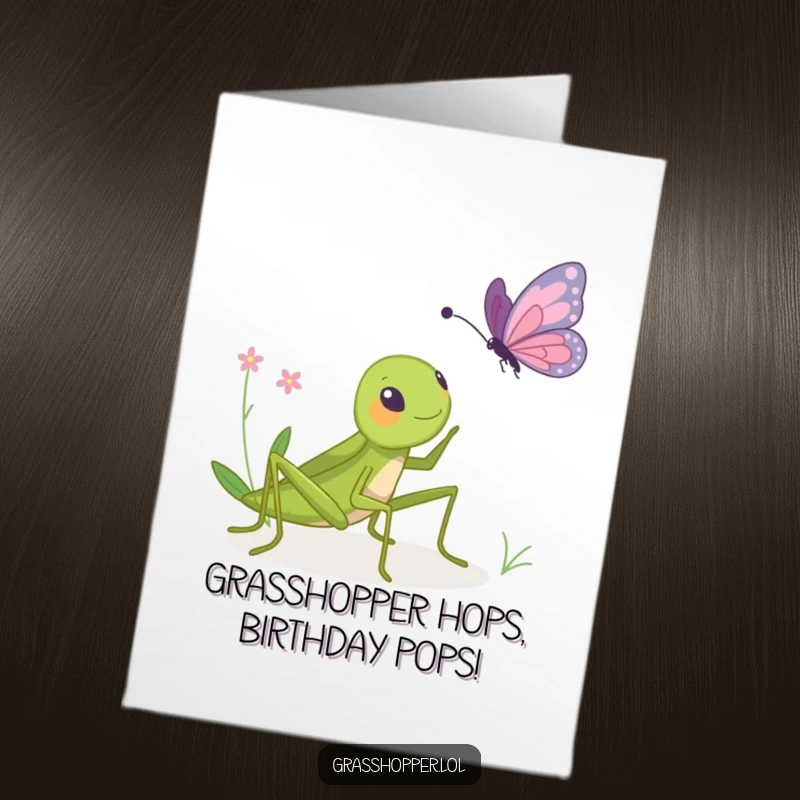 Funny Free Printable Birthday Card featuring a mischievous grasshopper bopping a surprised butterfly with a playful grin.