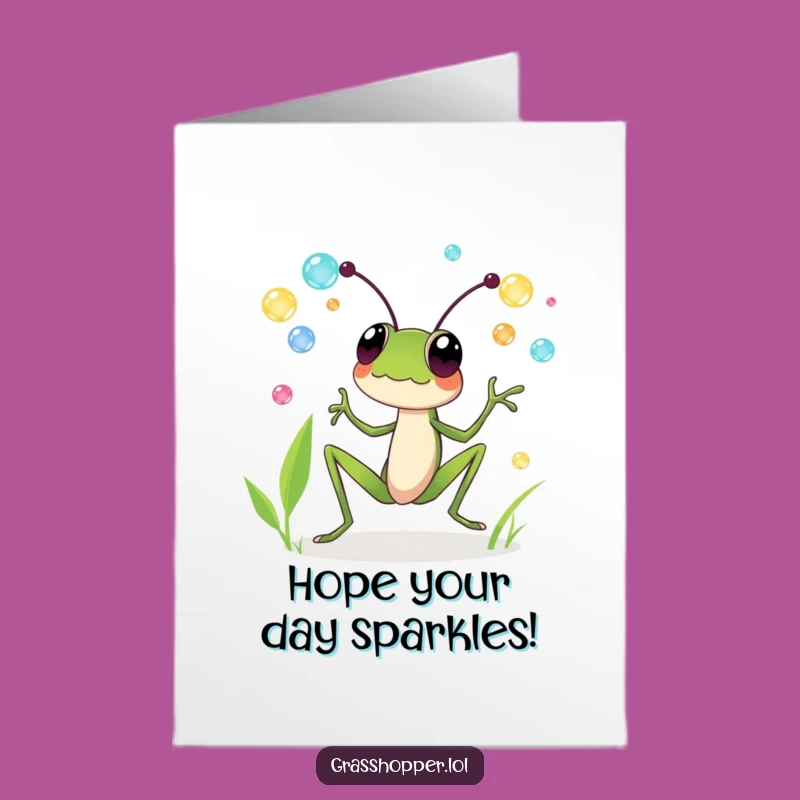 Free Printable Birthday Card: Grasshopper Juggling Dewdrops Funny Downloadable Gift