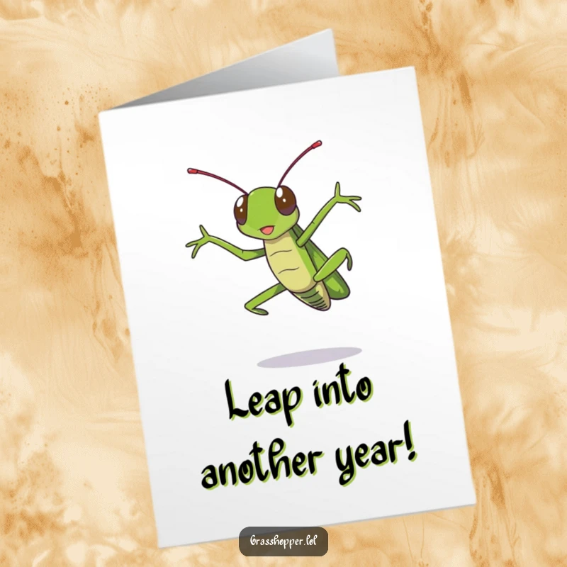 Funny Free Printable Birthday Card: Grasshopper in mid-air jump, legs flailing, pure comedic energy.
