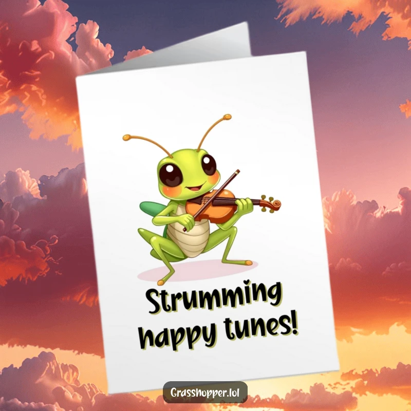 Funny Free Printable Birthday Card: A grasshopper plays a tiny violin with a beaming, cheerful expression, celebrating the occasion.