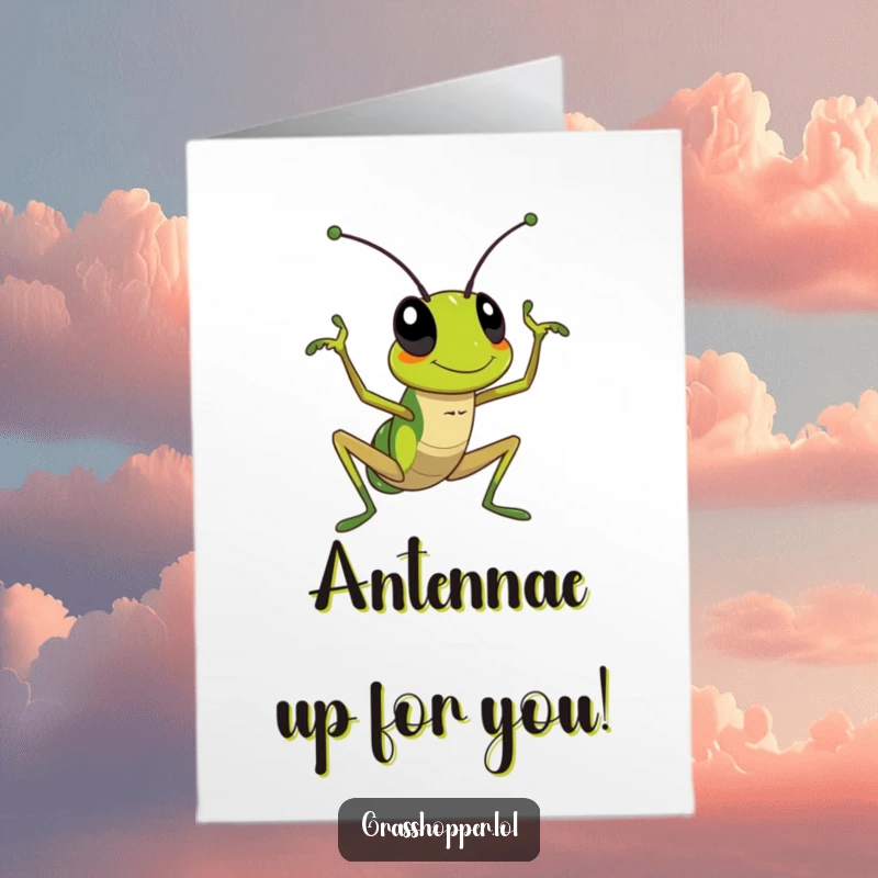 Funny Free Printable Congrats Card showing a grasshopper enthusiastically waving its antenna, sending cheers for a notable achievement.