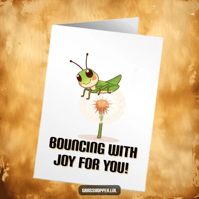 Funny Free Printable Congratulations Card: Grasshopper gleefully bouncing high on a feathery dandelion puff.