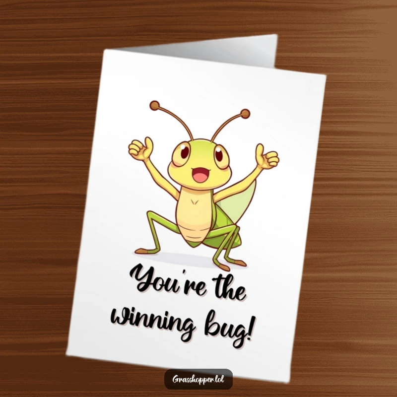 Funny Free Printable Congrats Card: A grasshopper raising antennae high in celebration of a small victory.