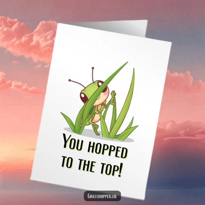 Funny free printable congratulations card showing a playful grasshopper hiding behind a blade of grass, ready to pop out and cheer.