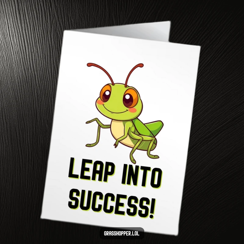 Funny Free Printable Congrats Card: Kawaii grasshopper with a silly grin joyfully waves antennae. Celebratory art.