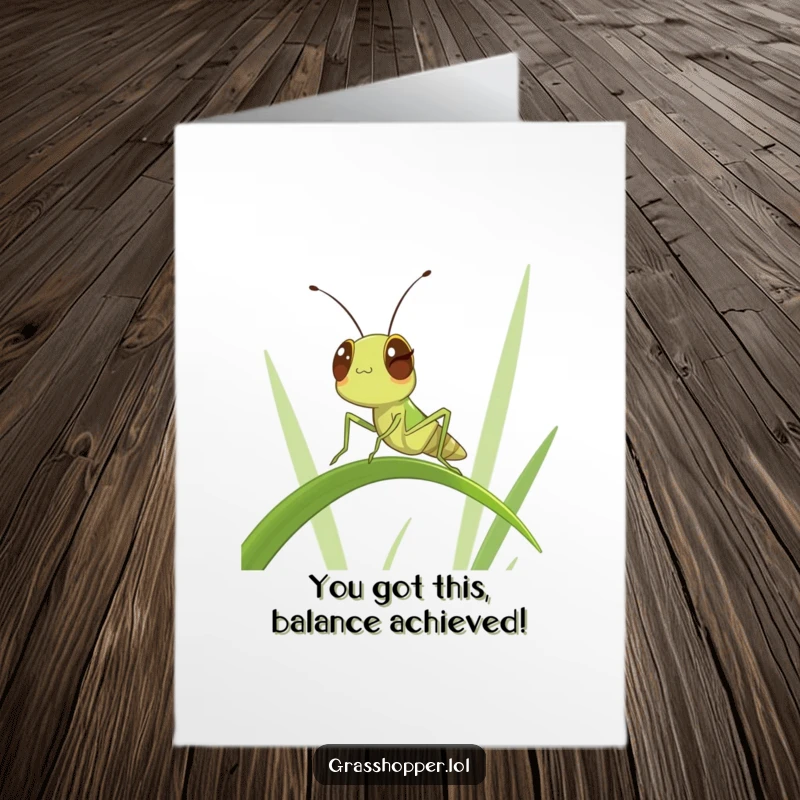 Funny Free Printable Congratulations Card: A confident grasshopper winks playfully while masterfully balancing on a strand of grass.