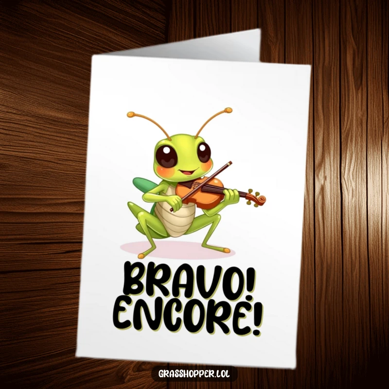 Funny Free Printable Congratulations Card: A grasshopper plays a tiny violin with pure delight, celebrating their wonderful achievement.