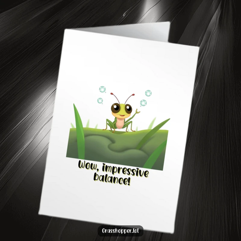 Funny Free Printable Grasshopper Congratulations Card: A grasshopper with comically wide eyes tries to keep tiny dewdrops suspended in the air.